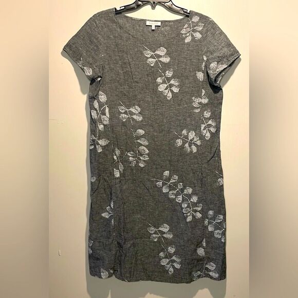 Habitat Dresses & Skirts - Habitat- Linen Cotton Gray & White Leaf Knee Length Shift Dress Pockets- Small
